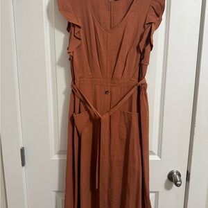 Doe & Rae burnt Orange Wrap Dress with Flutter Sleeves and V-Neck